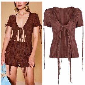 Cult Gaia Chocolate Ribbed Tie-Front Crop Top